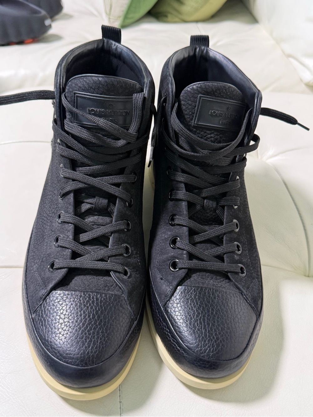 Louis Vuitton Black Leather High-Top Sneakers with Cream Sole
